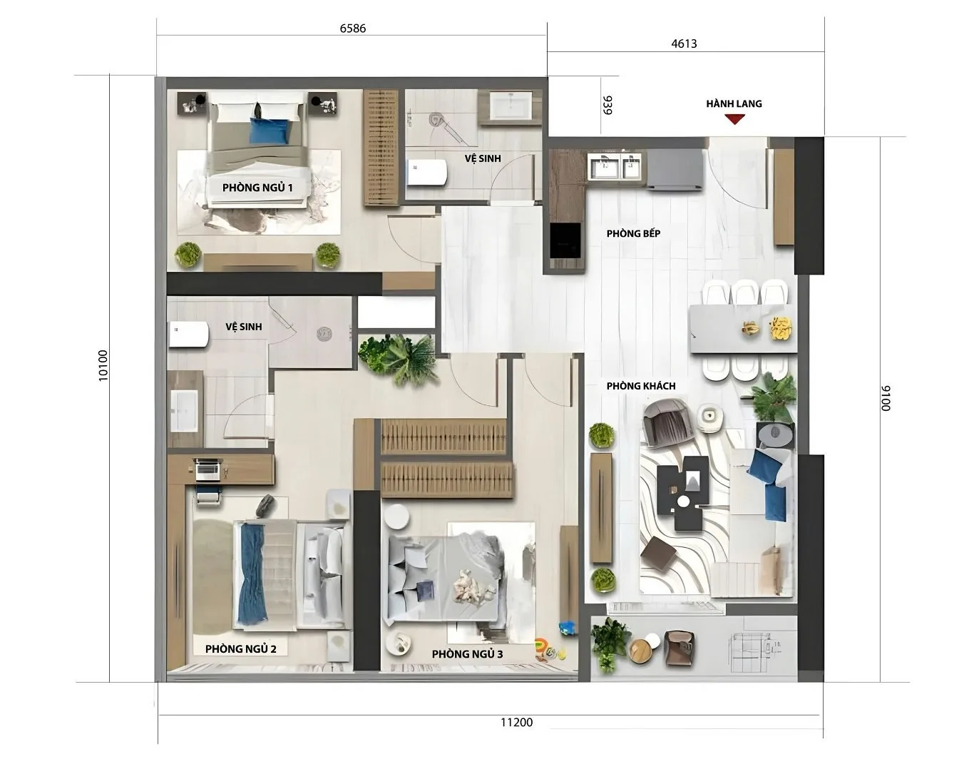 căn hộ 3 phòng ngủ sun feliza suites